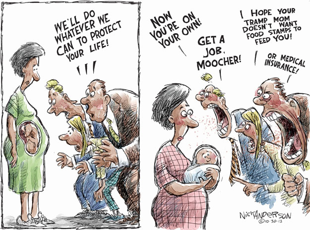 A cartoon comparing people's supposed attitudes before birth with those after it